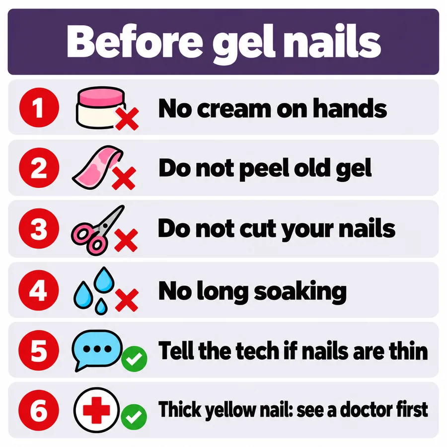 Summary of 6 things before a gel manicure: no cream on the hands, do not peel old gel, do not cut your nails yourself, no long soaking, tell the tech about thin nails, thick yellow nails see a doctor first, Nanny Nails Nakhon Phanom