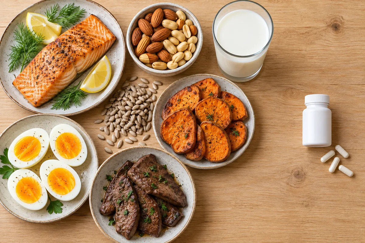 Foods that contain biotin, boiled eggs, salmon, nuts, seeds and sweet potato, next to a small supplement bottle, Nanny Nails Nakhon Phanom