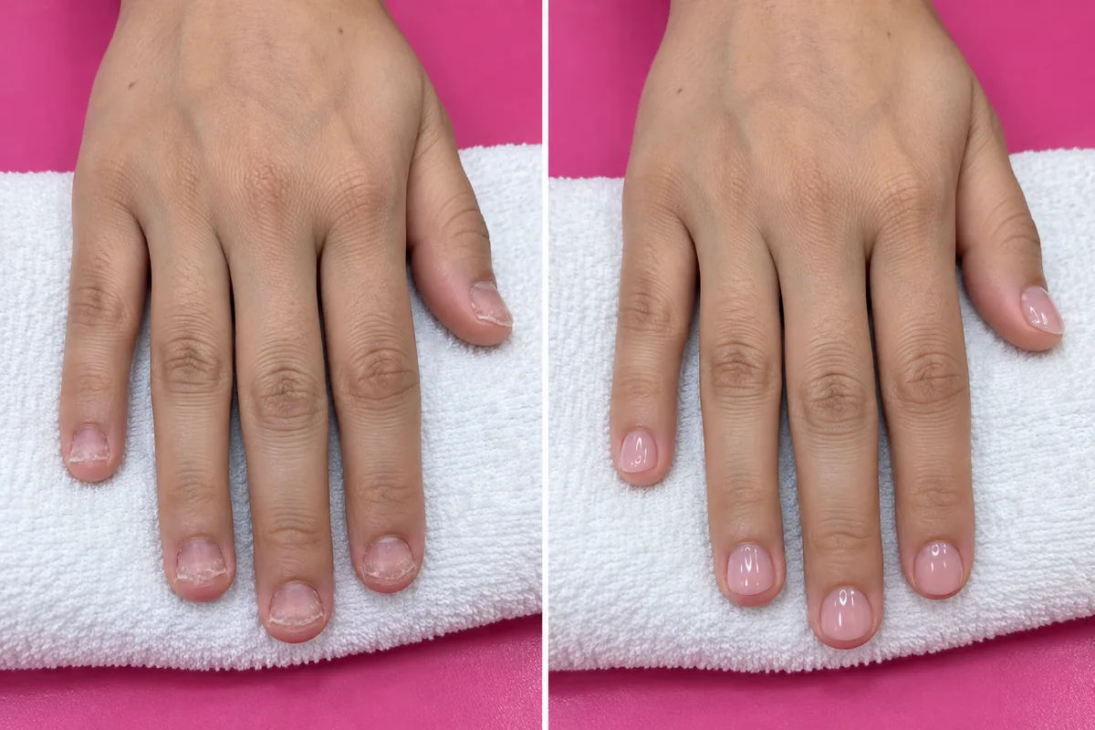 ภาพประกอบ เล็บกุดจากการกัดเล็บ เทียบกับเล็บสั้นเท่าเดิมที่ทำเล็บเจลแล้ว ร้านทำเล็บนครพนม Nanny Nails