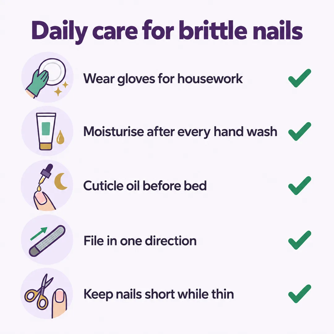 Infographic of a daily care routine for brittle nails: gloves, hand cream, cuticle oil, filing in one direction, keeping nails short, Nanny Nails, nail salon in Nakhon Phanom