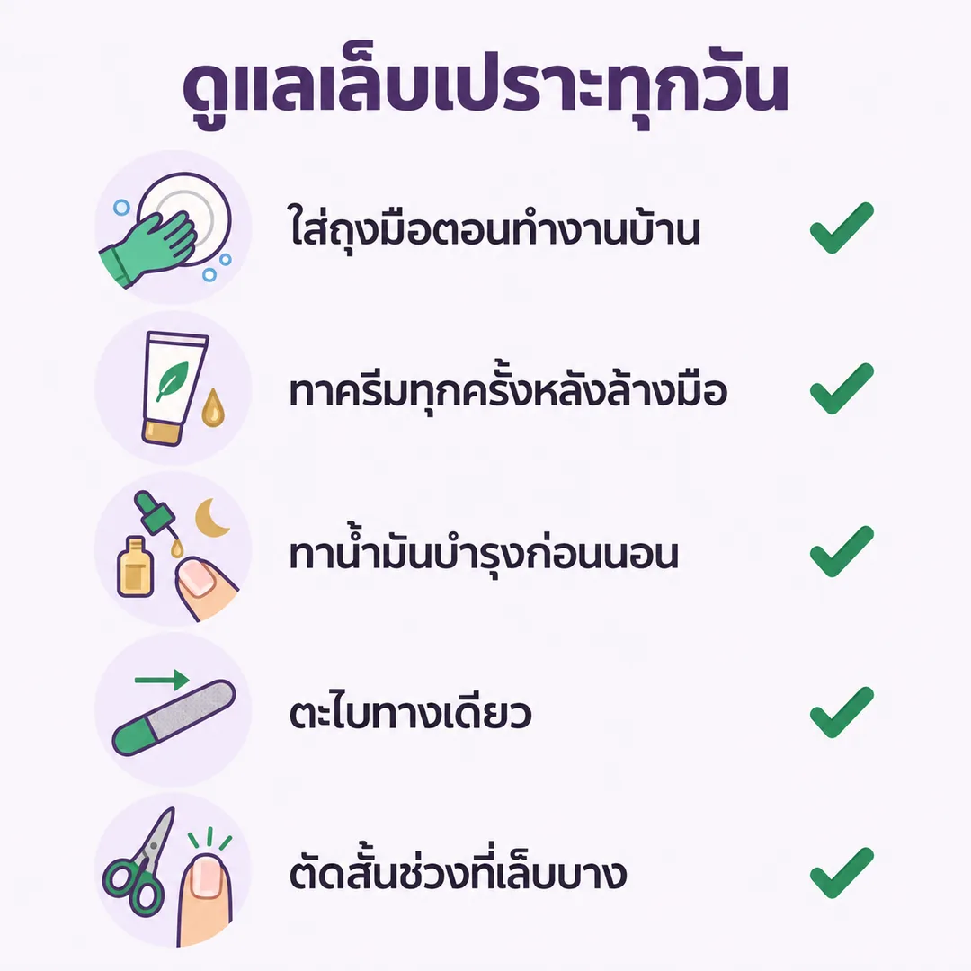 อินโฟกราฟิก วิธีดูแลเล็บเปราะทุกวัน ให้เล็บกลับมาแข็งแรง ร้านทำเล็บนครพนม Nanny Nails