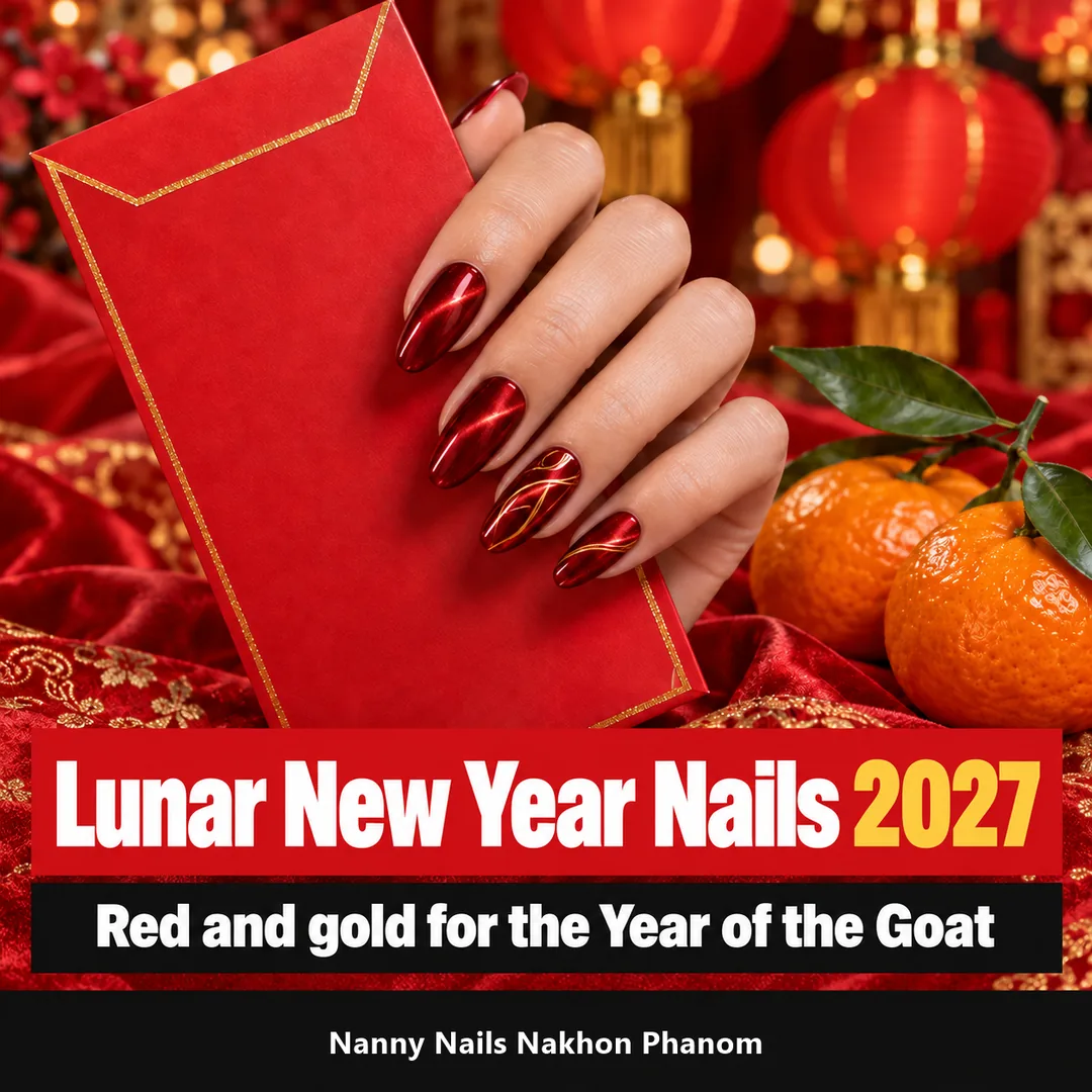 Cover: Lunar New Year nails 2027, red and gold, Nanny Nails Nakhon Phanom