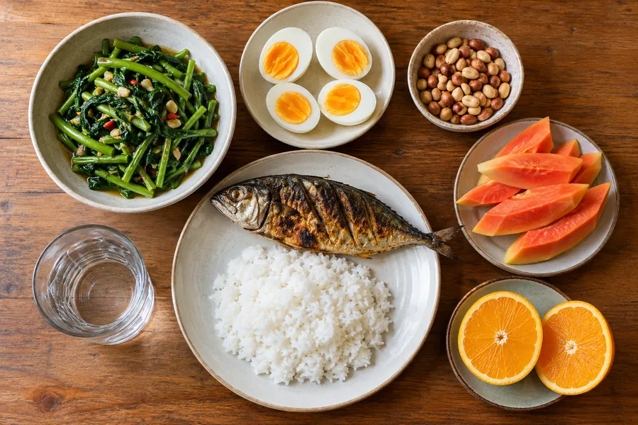 Which vitamin deficiency causes cracked heels: an everyday Thai meal with fish, morning glory, eggs, peanuts, papaya and orange, from Nanny Nails, nail salon in Nakhon Phanom