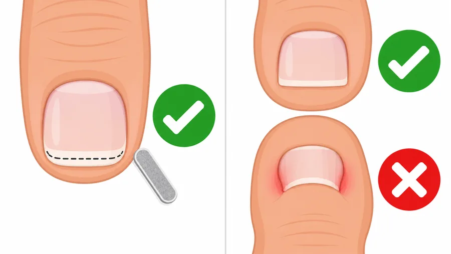 Illustration of the safe nail-cutting shape: fingernails cut almost straight with softly rounded corners, toenails cut straight across rather than curved into the corners, Nanny Nails, nail salon in Nakhon Phanom