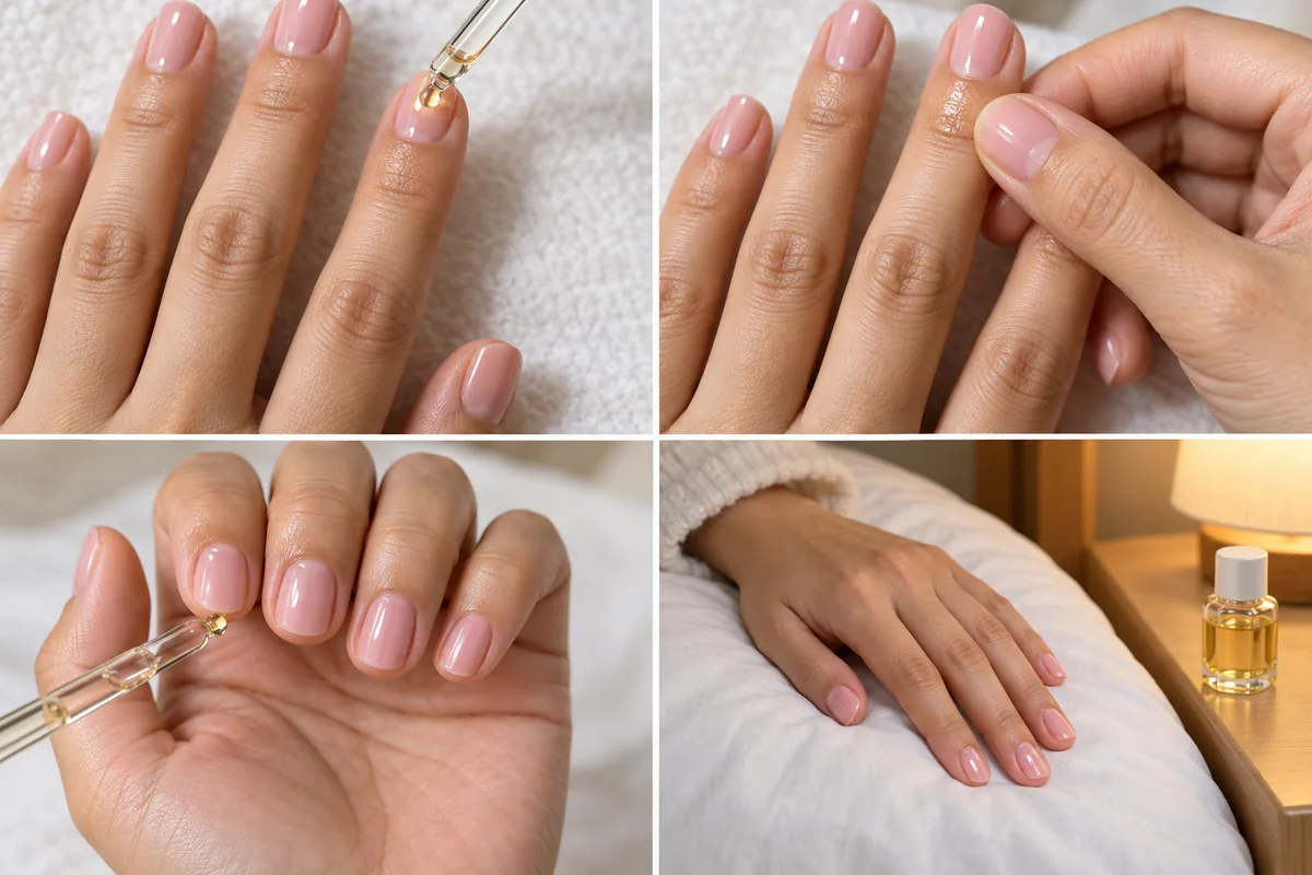 How to apply cuticle oil in 4 steps: a drop at the base of the nail, massage the cuticle, oil the nail tip, apply at bedtime, Nanny Nails Nakhon Phanom