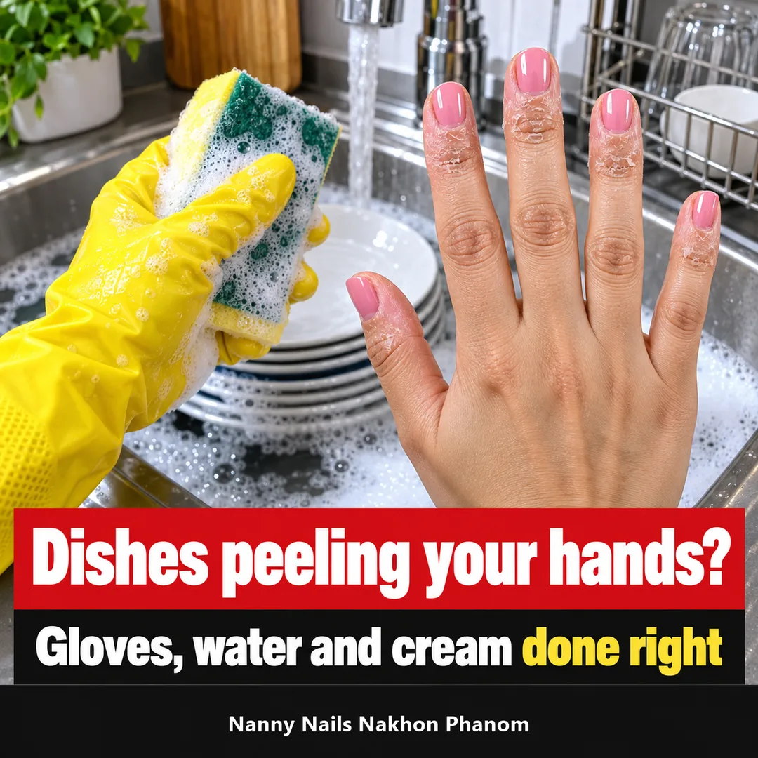 Article cover: dry, peeling hands from washing dishes every day, Nanny Nails, nail salon in Nakhon Phanom