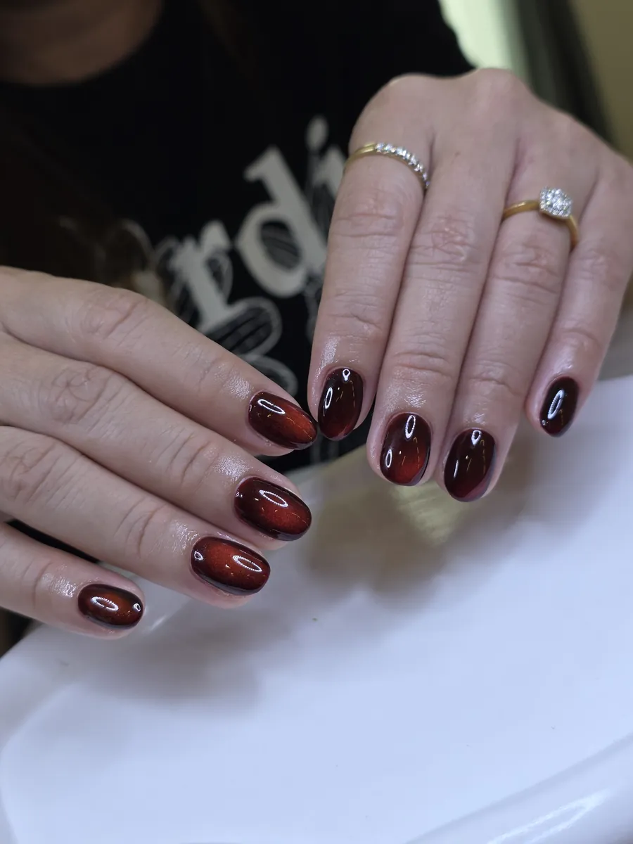 Burgundy cat eye gel nails for an event, Nanny Nails, nail salon in Nakhon Phanom