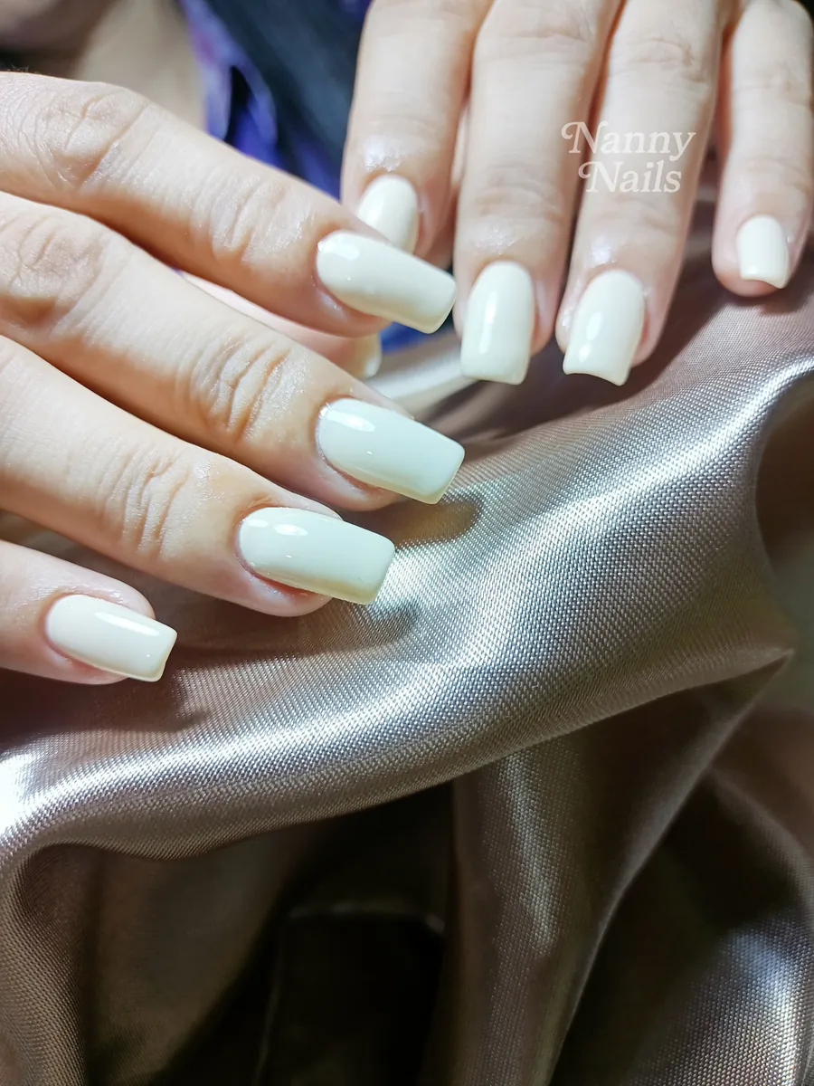 Cream white gel nails in a long square shape, Nanny Nails, nail salon in Nakhon Phanom