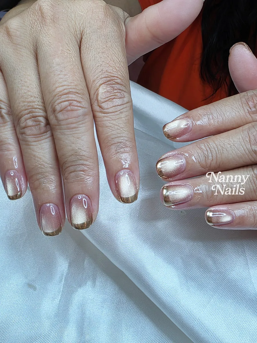 Gold mirror French tip gel nails on a nude base, Nanny Nails, nail salon in Nakhon Phanom