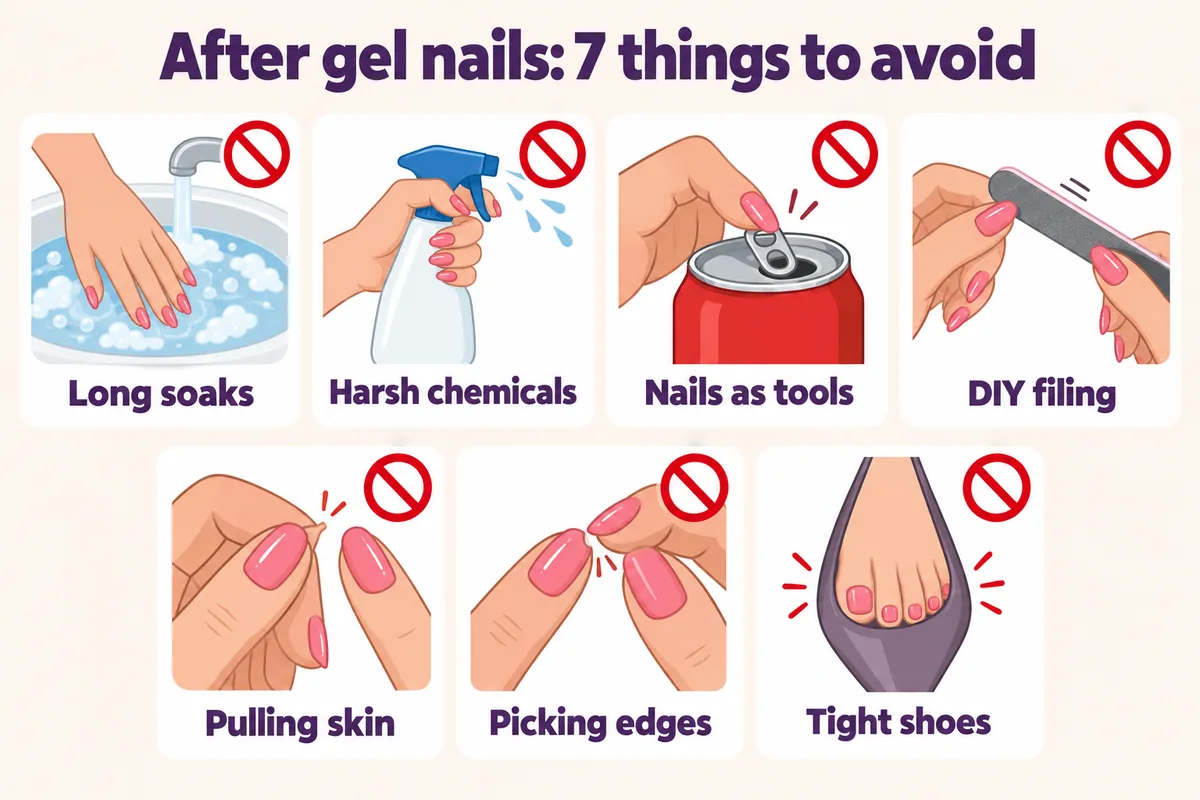 Infographic of 7 things to avoid after gel nails: long soaks, harsh chemicals, nails as tools, DIY filing, pulling skin, picking edges, tight shoes, Nanny Nails Nakhon Phanom