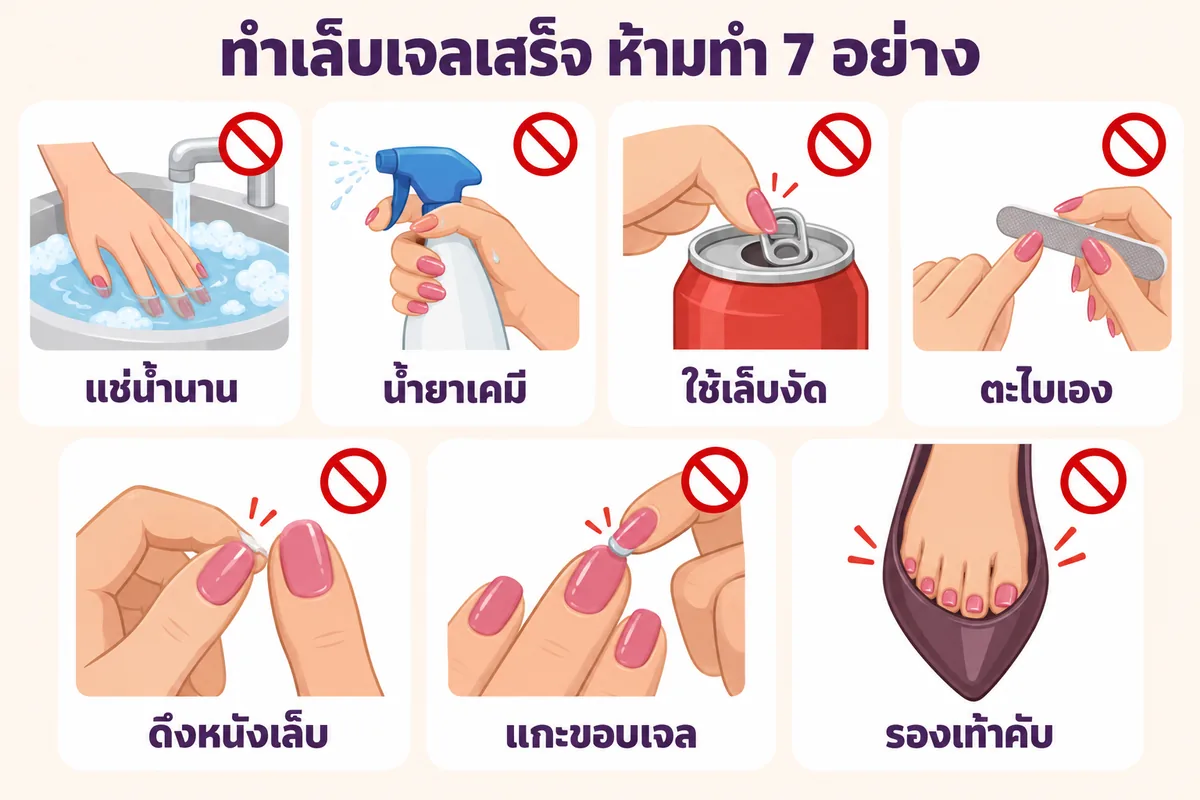 อินโฟกราฟิก ทำเล็บเจลเสร็จห้ามทำ 7 อย่าง แช่น้ำนาน น้ำยาเคมี ใช้เล็บงัด ตะไบเอง ดึงหนังเล็บ แกะขอบเจล รองเท้าคับ ร้านทำเล็บนครพนม Nanny Nails