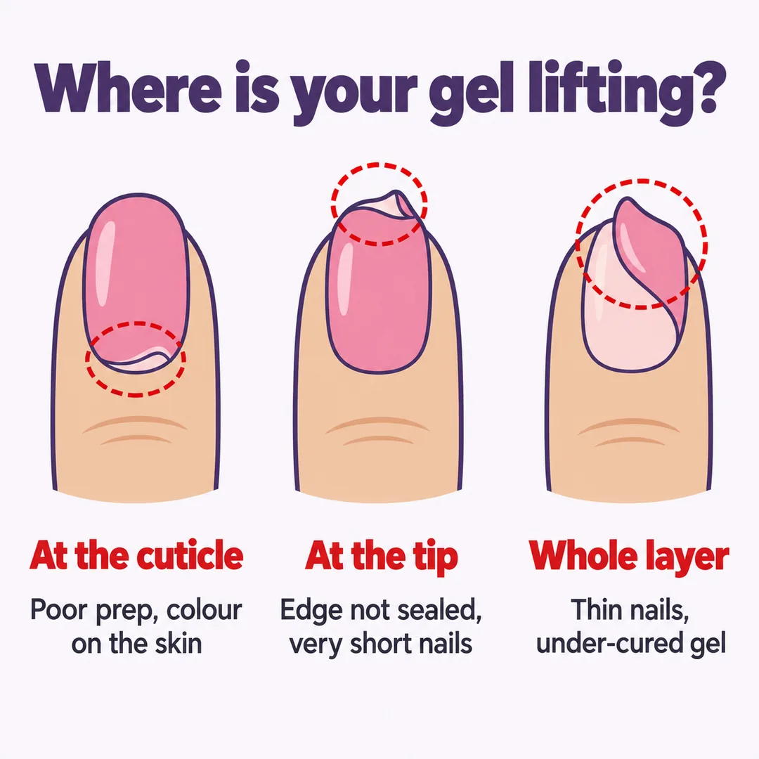 Diagram of gel lifting at the cuticle, at the tip and in one piece, with the cause of each, Nanny Nails, nail salon in Nakhon Phanom
