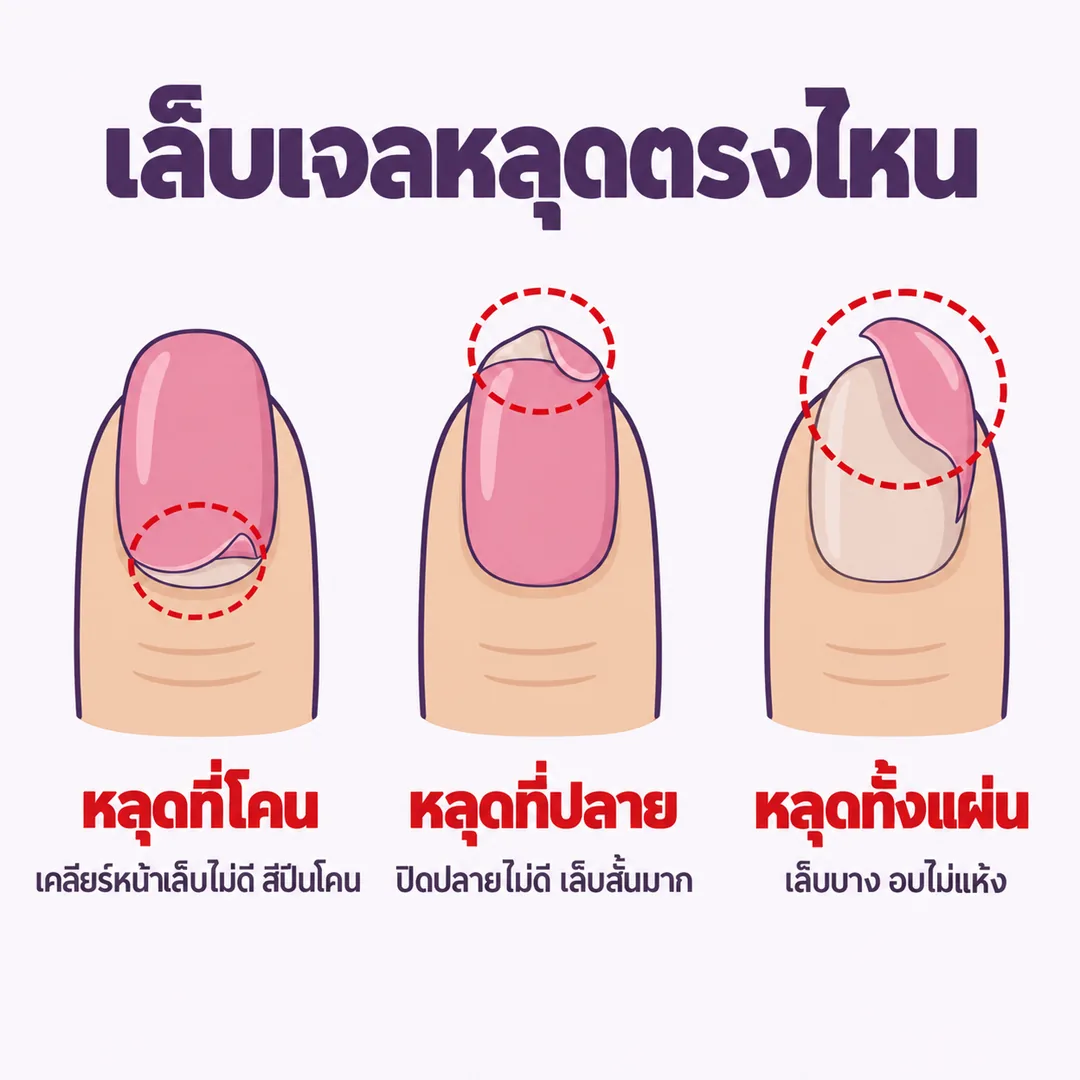 ภาพอธิบาย เล็บเจลหลุดที่โคน หลุดที่ปลาย หลุดทั้งแผ่น แต่ละแบบเกิดจากอะไร ร้านทำเล็บนครพนม Nanny Nails