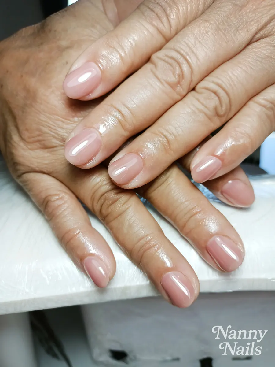 Sheer nude gel on short natural nails, Nanny Nails, nail salon in Nakhon Phanom