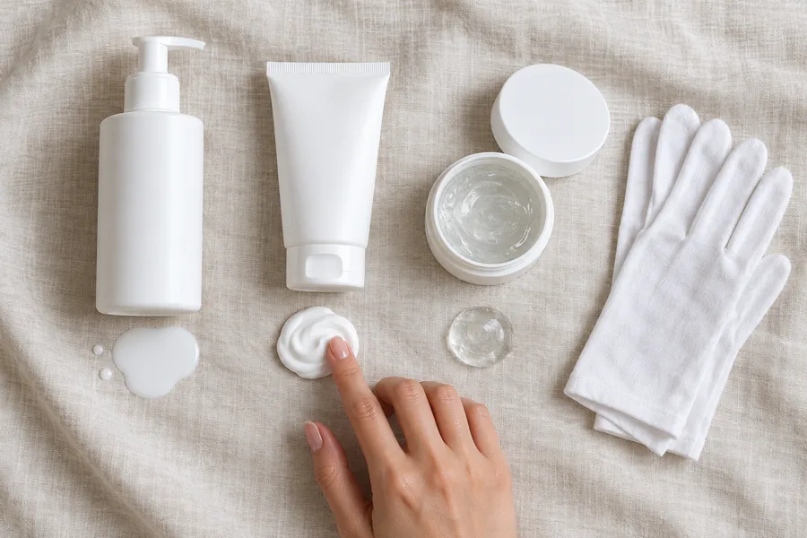 Illustration comparing lotion, cream and ointment textures for dry, cracked hands, with cotton gloves, Nanny Nails, nail salon in Nakhon Phanom