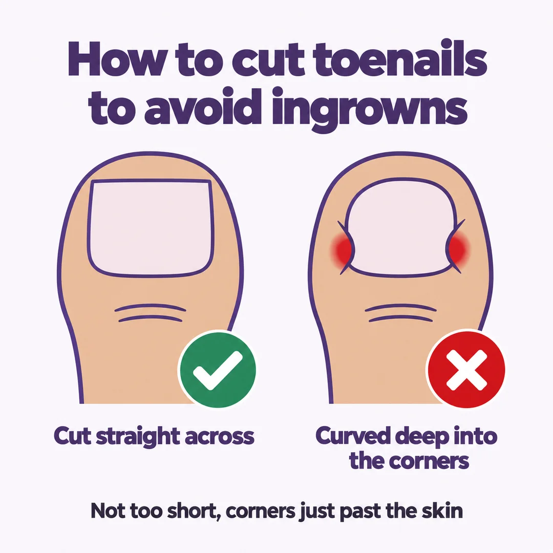 Infographic on how to cut toenails to prevent ingrown nails: cut straight across, not curved into the corners, Nanny Nails, nail salon in Nakhon Phanom