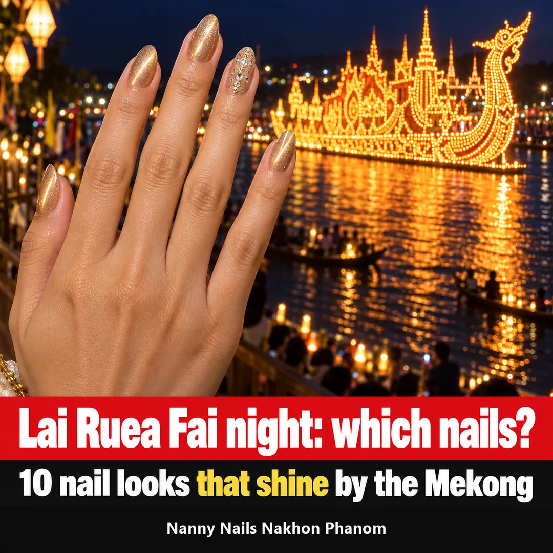 Lai Ruea Fai 2026 nail ideas: champagne gold cat eye nails with an illuminated boat on the Mekong, Nanny Nails, nail salon in Nakhon Phanom