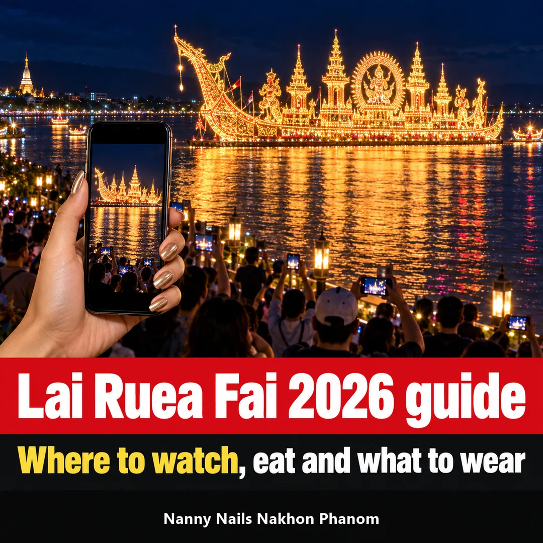Lai Ruea Fai 2026 travel guide, illuminated boats on the Mekong River, article cover, Nanny Nails, nail salon in Nakhon Phanom