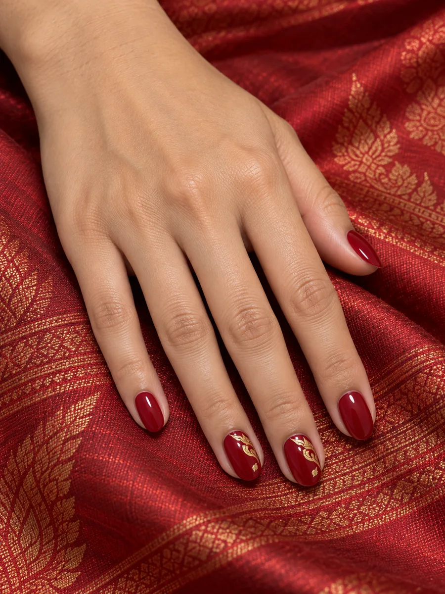 Loy Krathong nail idea: gold Thai kanok pattern on ruby red nails, AI image, Nanny Nails Nakhon Phanom