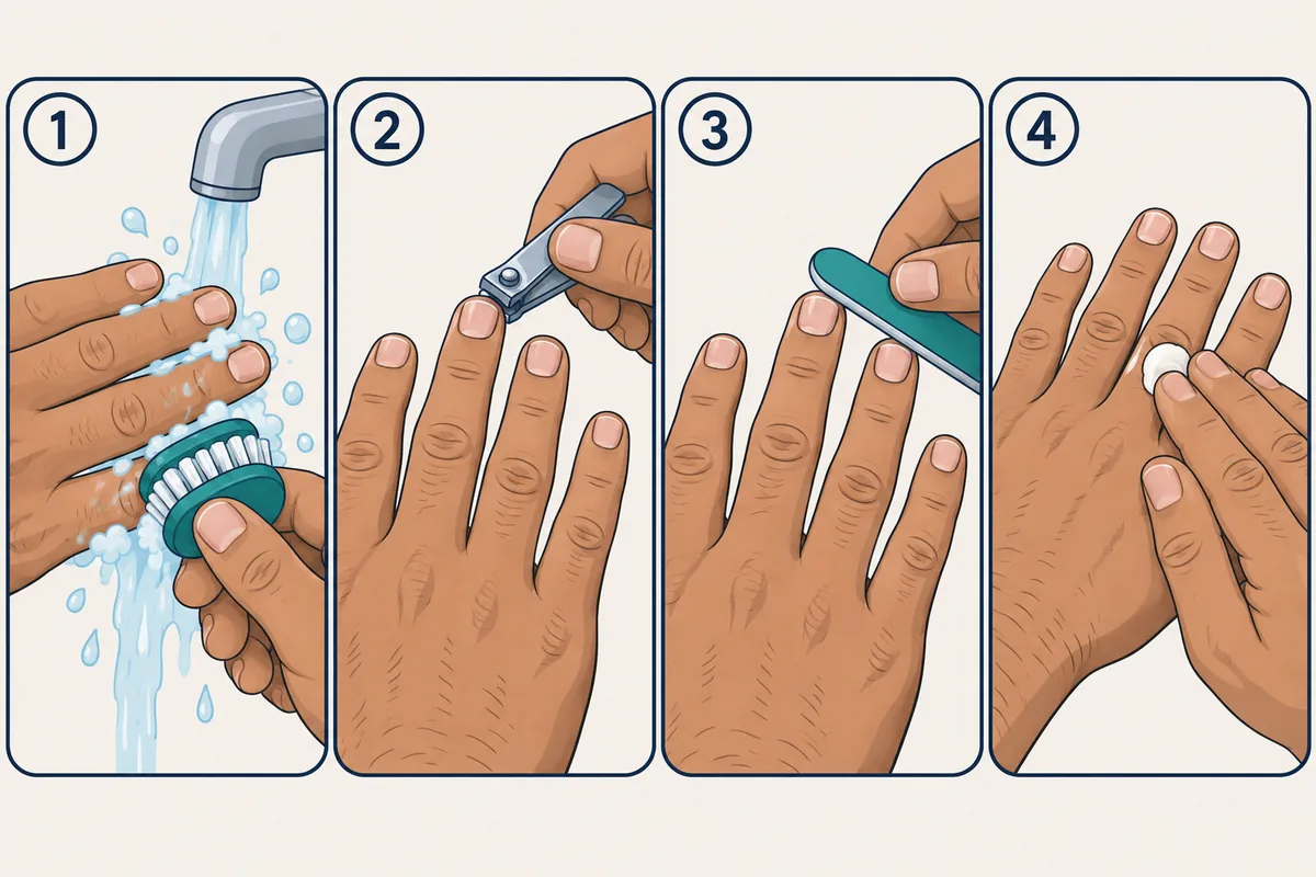 Illustration of home nail care for men: scrubbing under nails, clipping straight across, filing, hand cream, Nanny Nails Nakhon Phanom