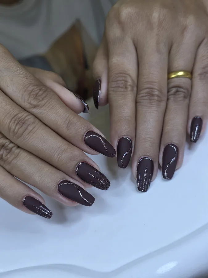 Dark chocolate brown gel nails, on a female customer, Nanny Nails Nakhon Phanom