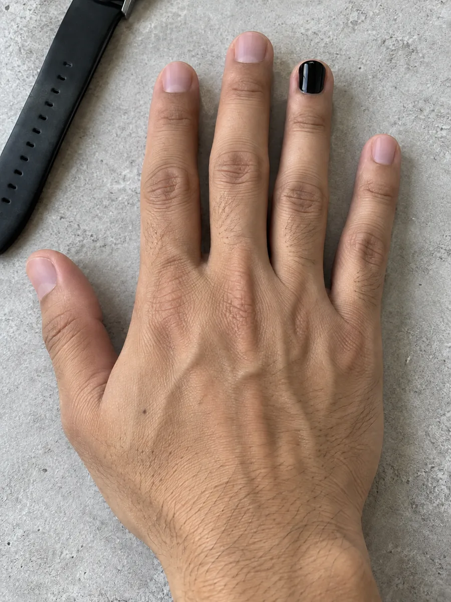 Nail idea for men: clear matte nails with one black ring finger, AI image, not salon work, Nanny Nails Nakhon Phanom