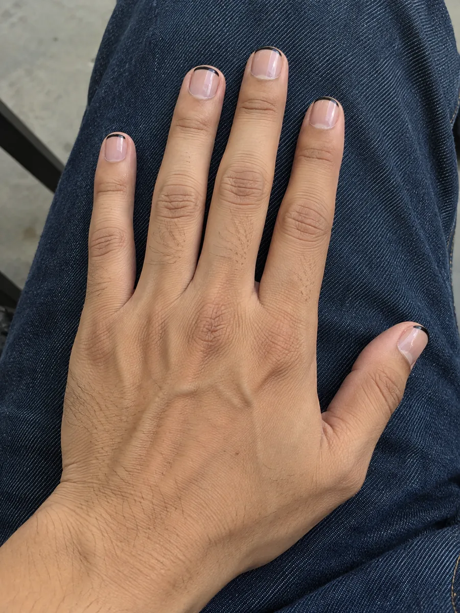 Nail idea for men: thin black tips on clear nails, AI image, not salon work, Nanny Nails Nakhon Phanom