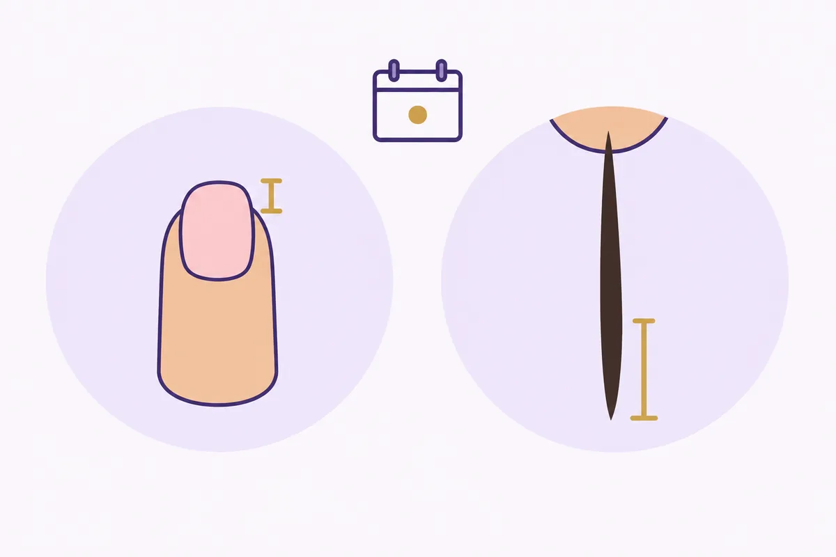 Diagram comparing one month of growth: a hair strand grows about three times more length than a fingernail, Nanny Nails Nakhon Phanom