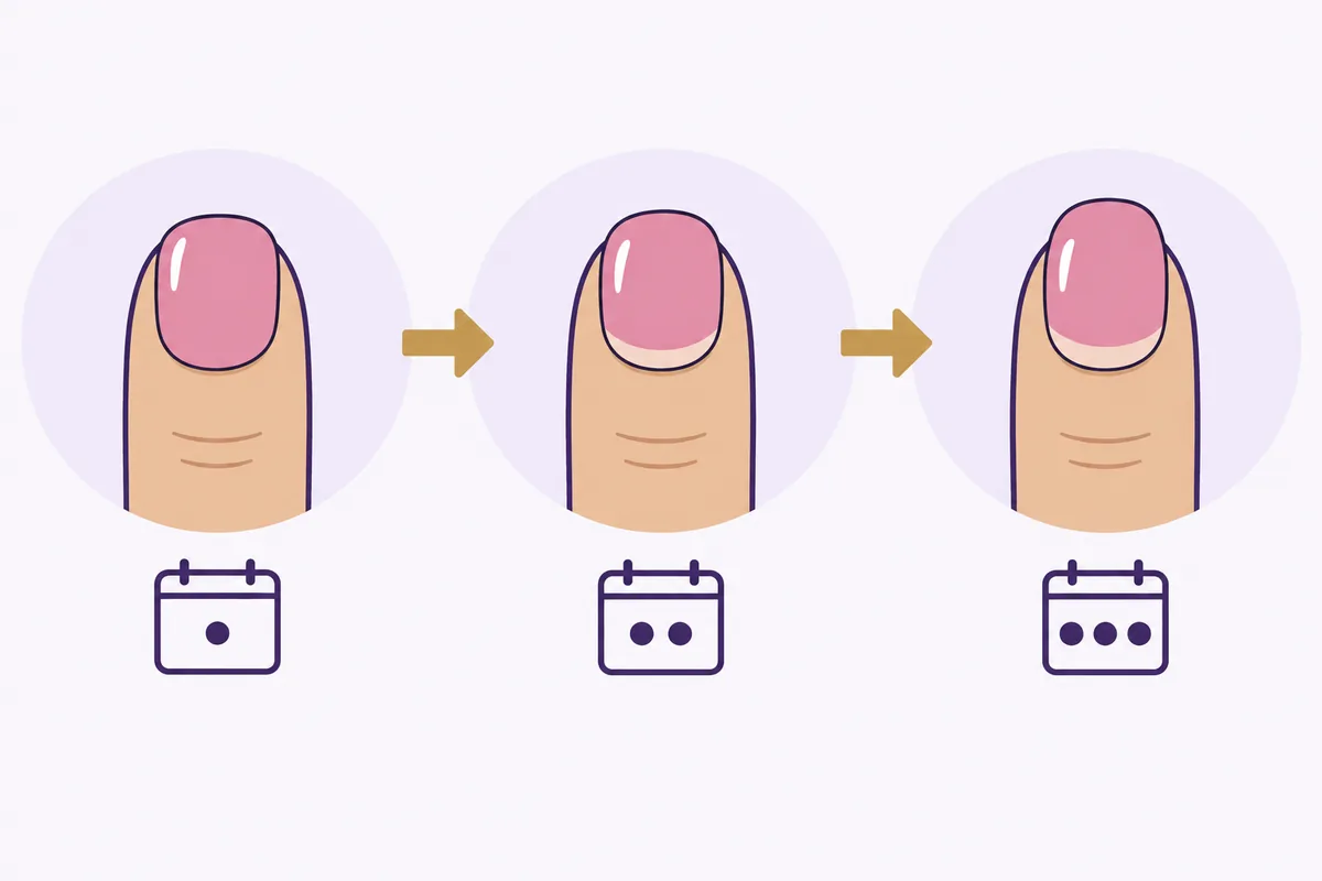 Diagram of a gel-polished fingernail over three weeks: a strip of bare natural nail at the base gets wider as the nail grows, Nanny Nails Nakhon Phanom
