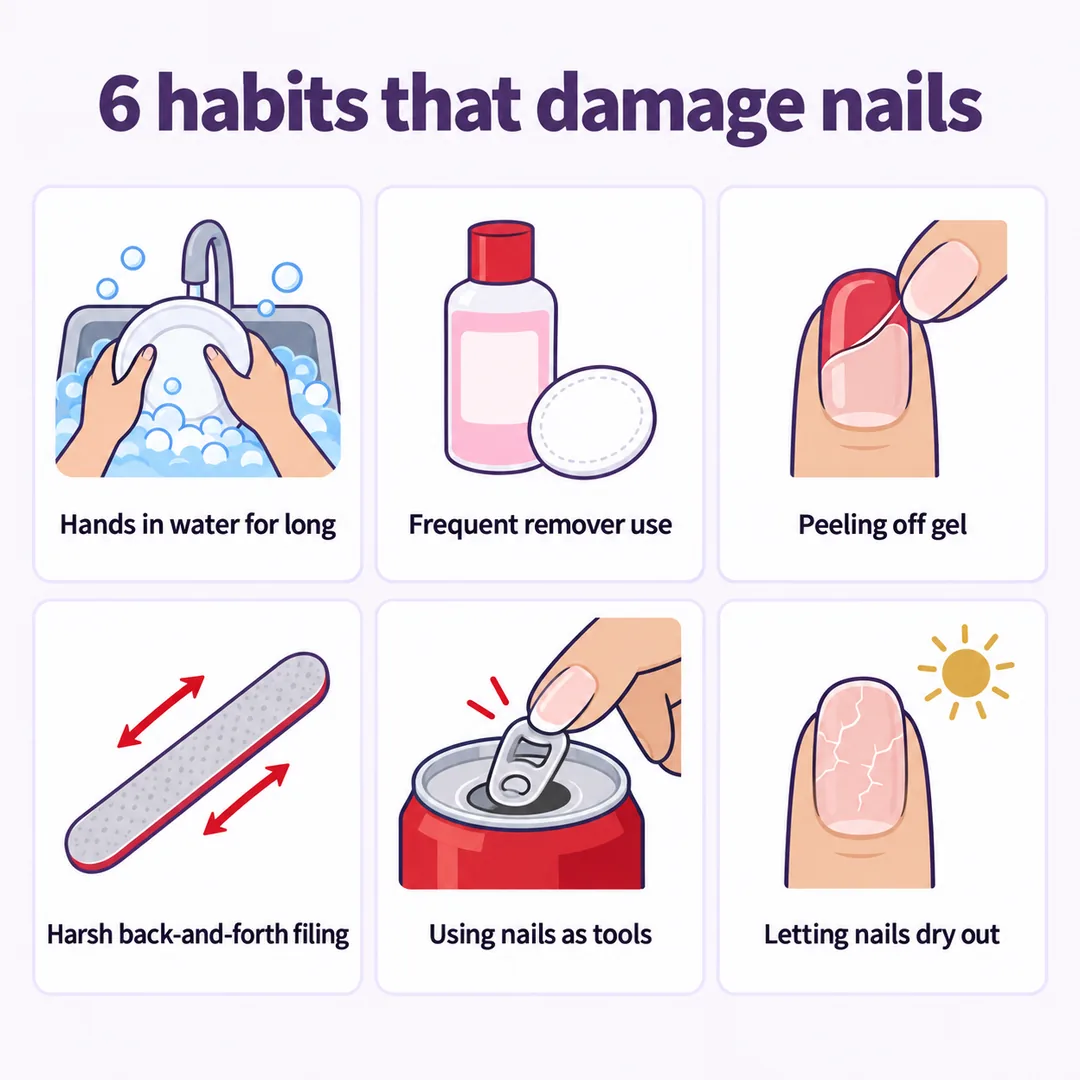 Infographic of 6 habits that make nails split and break: hands in water, frequent remover, peeling off gel, harsh filing, using nails as tools, letting nails dry out, Nanny Nails, nail salon in Nakhon Phanom