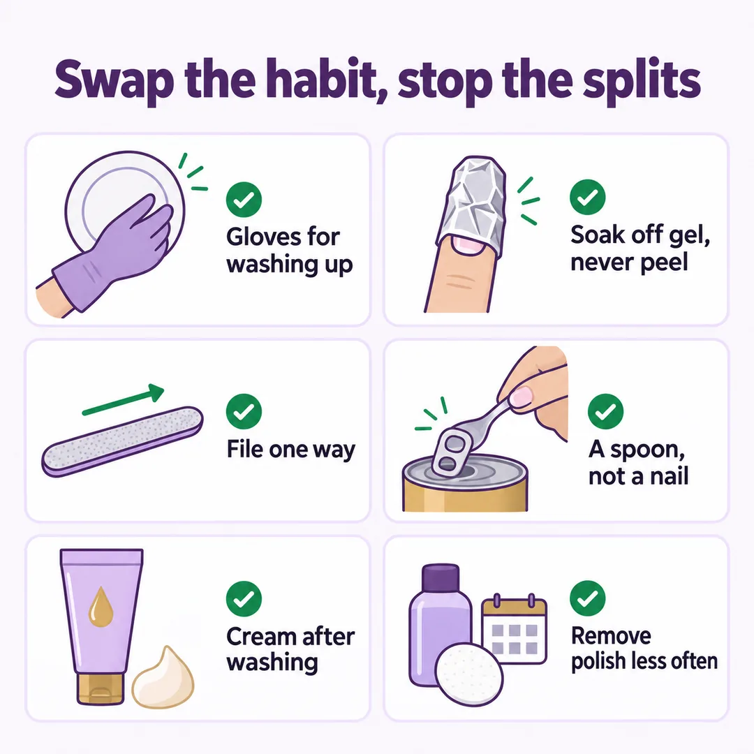 Infographic of habit swaps to stop nails splitting: gloves, soaking off gel, filing one way, a spoon instead of a nail, hand cream, removing polish less often, Nanny Nails, nail salon in Nakhon Phanom