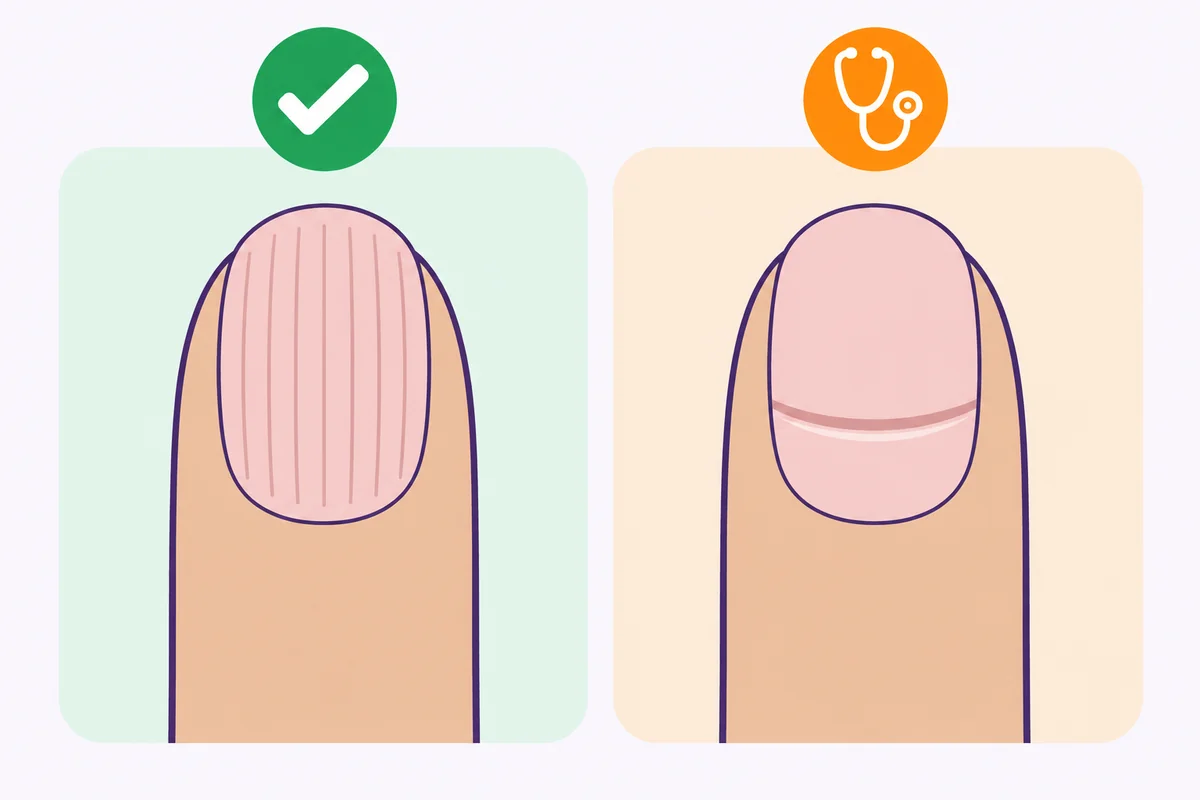 Diagram comparing vertical nail ridges with a horizontal ridge across the nail, Nanny Nails Nakhon Phanom