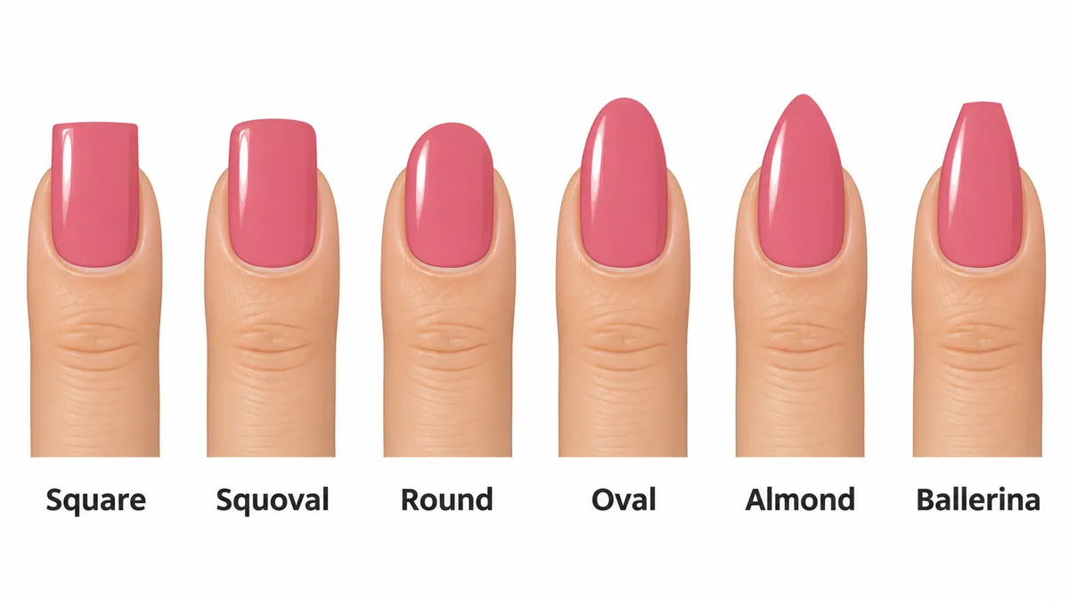 Chart of 6 nail shapes: square, squoval, round, oval, almond and ballerina, Nanny Nails Nakhon Phanom