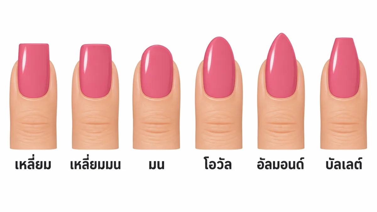 ภาพเปรียบเทียบทรงเล็บ 6 แบบ เหลี่ยม เหลี่ยมมน มน โอวัล อัลมอนด์ บัลเลต์ ร้านทำเล็บนครพนม Nanny Nails