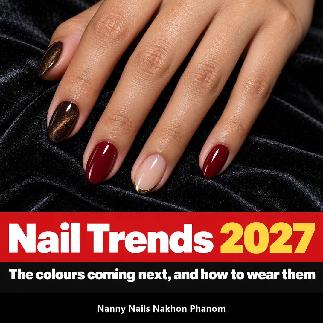 Nail trends 2027 cover: espresso brown cat eye, wine red and a nude nail with a gold French tip, Nanny Nails, nail salon in Nakhon Phanom