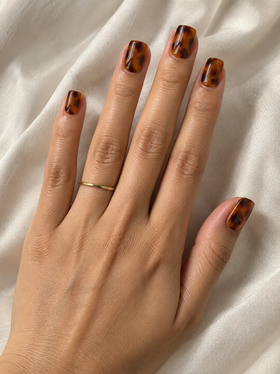 Nail design idea for 2027: caramel, amber and espresso tortoiseshell, AI image, not salon work, Nanny Nails, Nakhon Phanom
