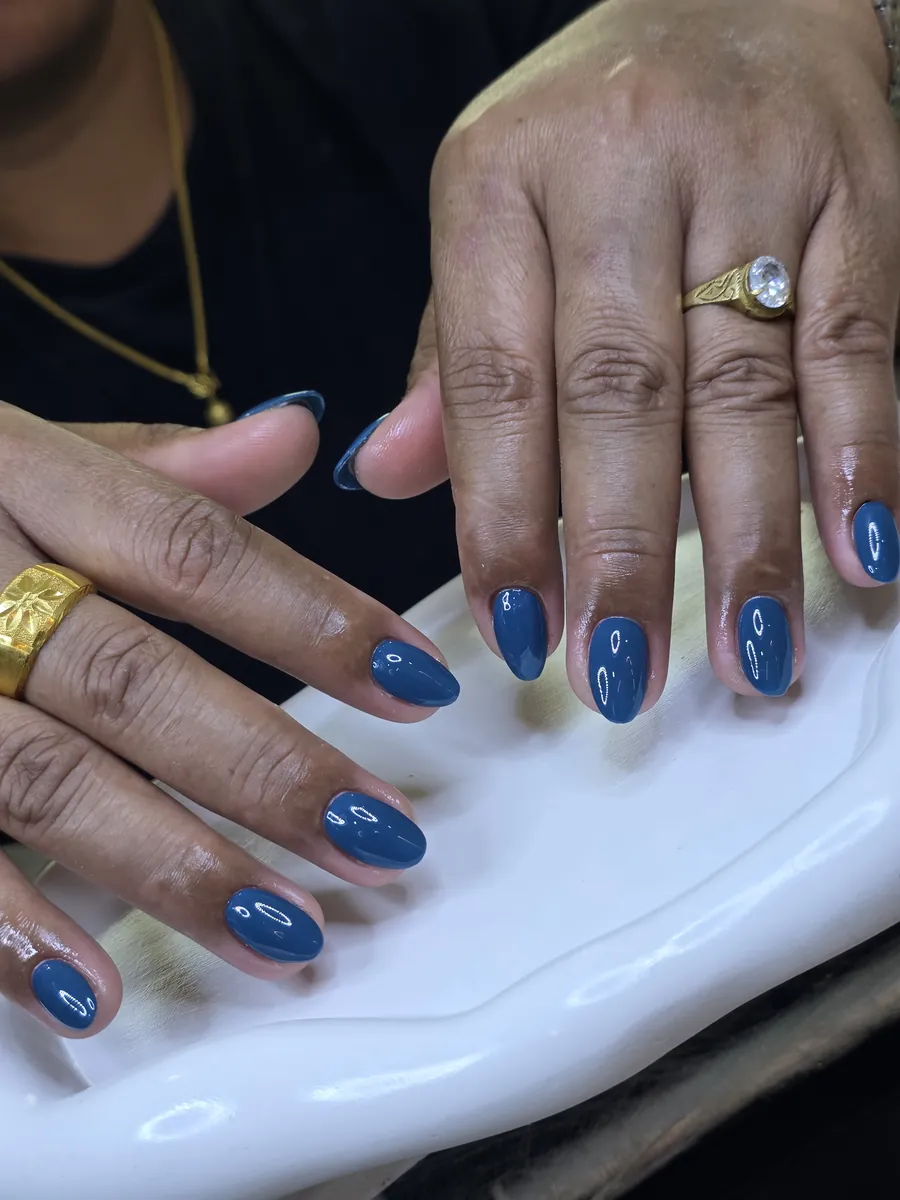 Muted denim blue plain gel nails, Nanny Nails, nail salon in Nakhon Phanom