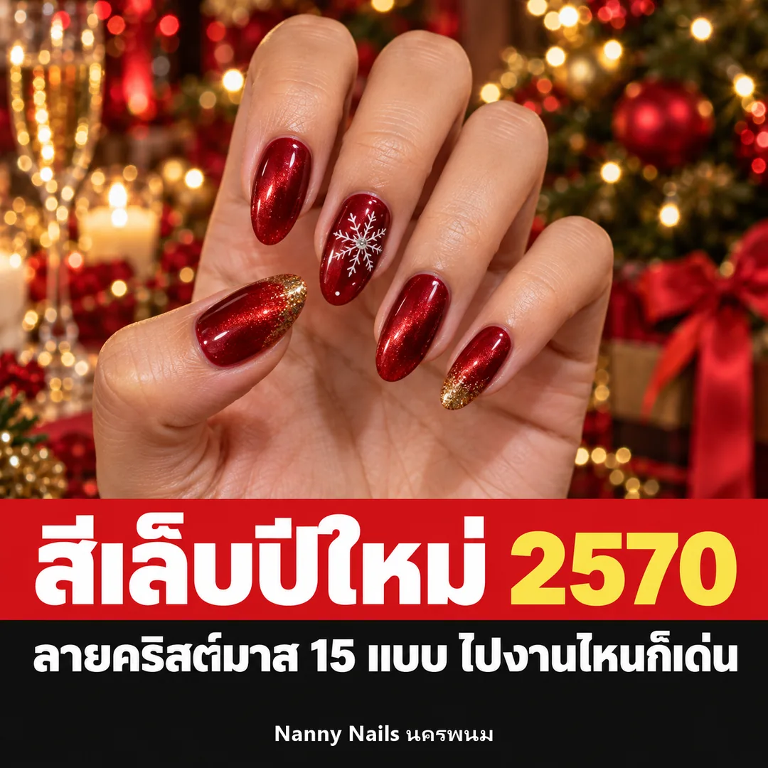 สีเล็บปีใหม่ 2570 และลายเล็บคริสต์มาส เล็บลูกแก้วแดงปลายกลิตเตอร์ทอง เกล็ดหิมะ Nanny Nails นครพนม