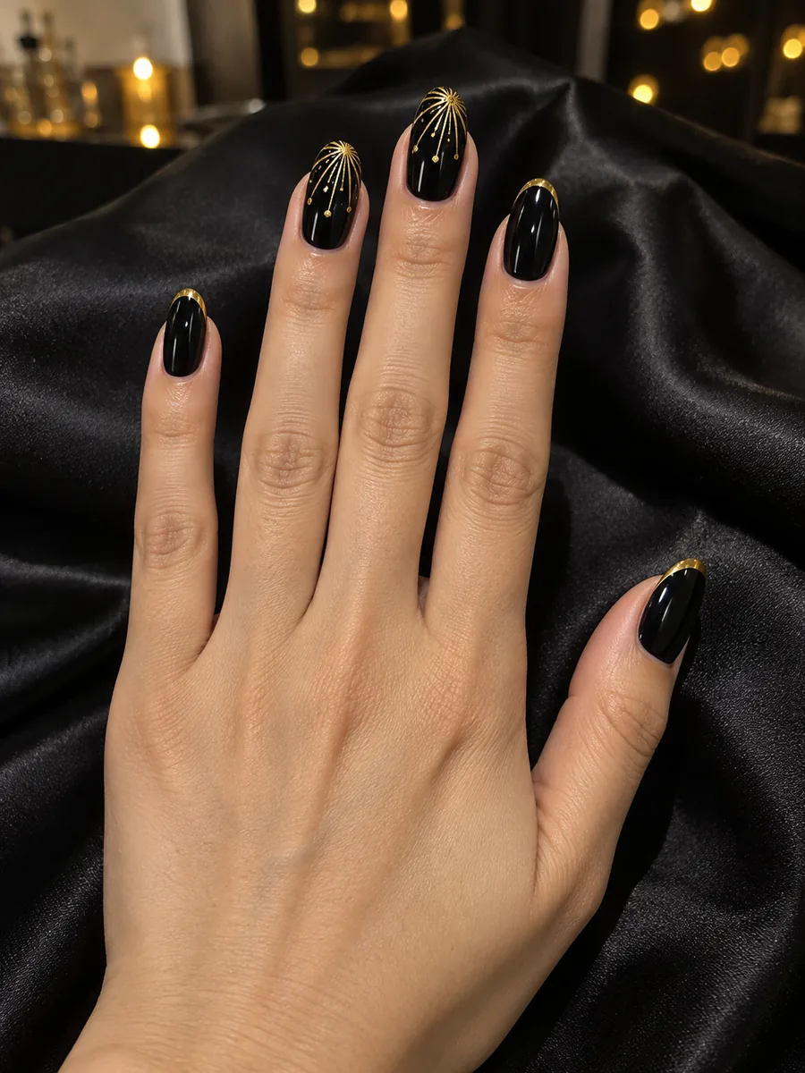 New Year 2027 countdown nail idea, black and gold fireworks, AI image, not salon work, Nanny Nails Nakhon Phanom