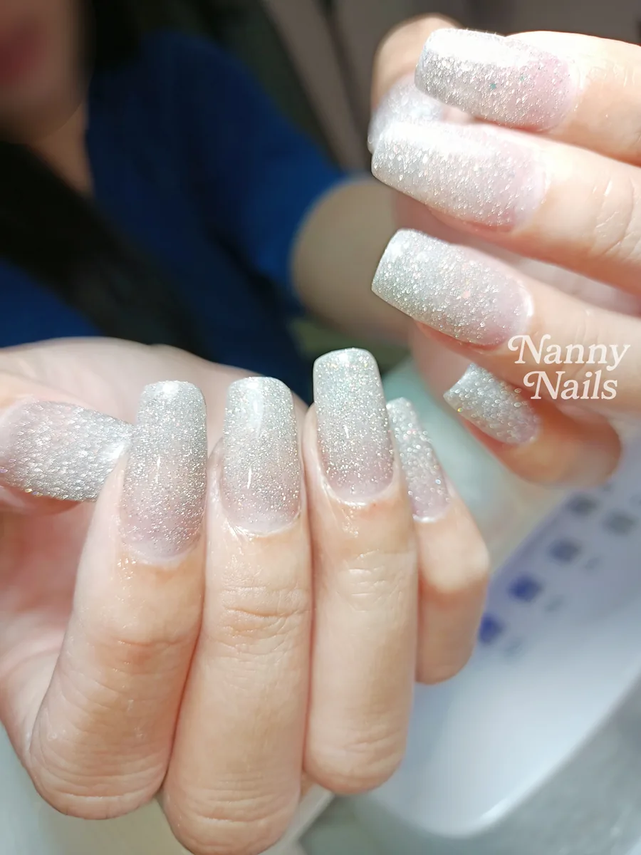 New Year nails, silver glitter fade on long nails, Nanny Nails, nail salon in Nakhon Phanom
