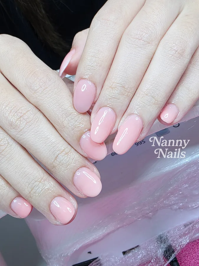 Milk pink nude nails on short nails, Nanny Nails, nail salon in Nakhon Phanom