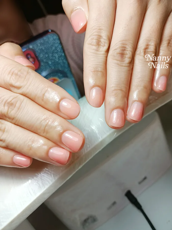 Opaque peach nude nails on short nails, Nanny Nails, nail salon in Nakhon Phanom