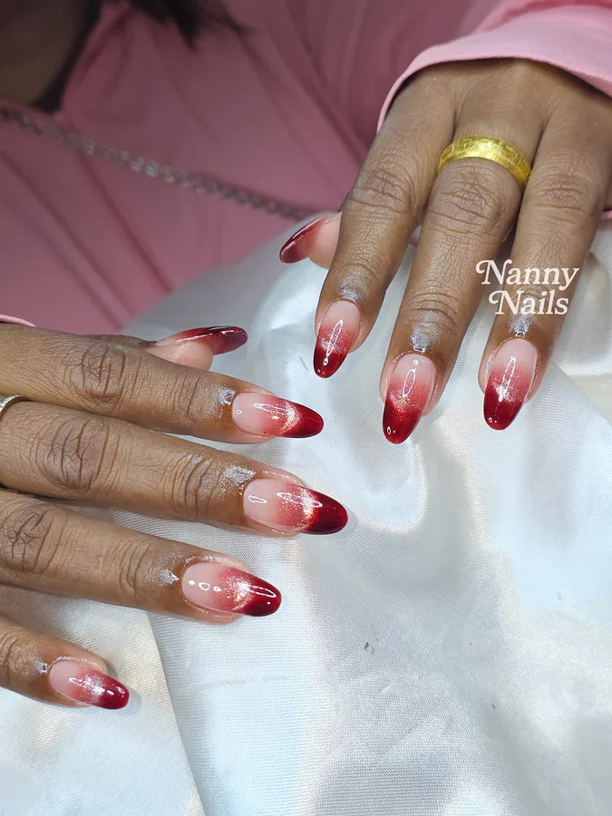 Ombre nails with deep red tips, almond shape, Nanny Nails, nail salon in Nakhon Phanom