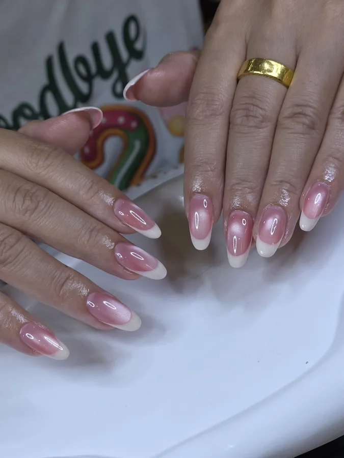 Cat eye ombre nails, pink cat eye fading to white tips, Nanny Nails, nail salon in Nakhon Phanom