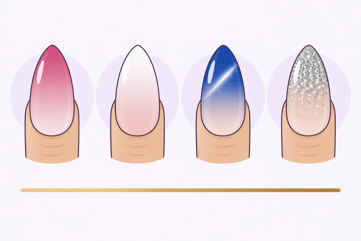 Diagram of 4 ombre nail types: classic fade, baby boomer, cat eye ombre and glitter ombre, Nanny Nails, nail salon in Nakhon Phanom