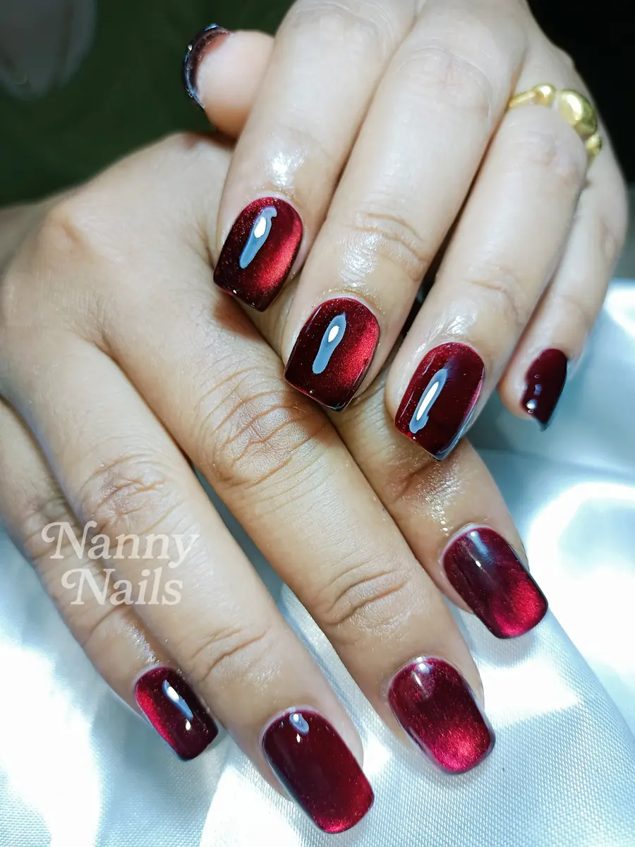 ต่อเล็บ PVC ลูกแก้วสีแดง ทรงเหลี่ยม ร้านทำเล็บนครพนม Nanny Nails