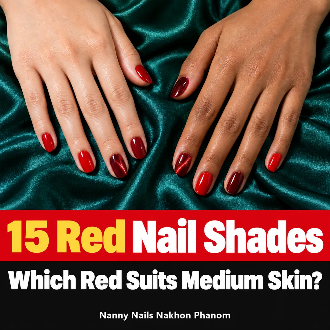 Article cover: 15 red nail shades, which red suits medium skin, Nanny Nails, nail salon in Nakhon Phanom