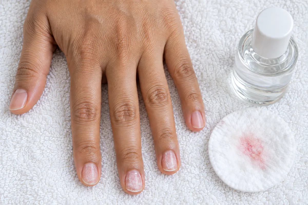 Illustration of bare fingernails with chalky white dry patches after using nail polish remover, next to a cotton pad and a small bottle, Nanny Nails Nakhon Phanom