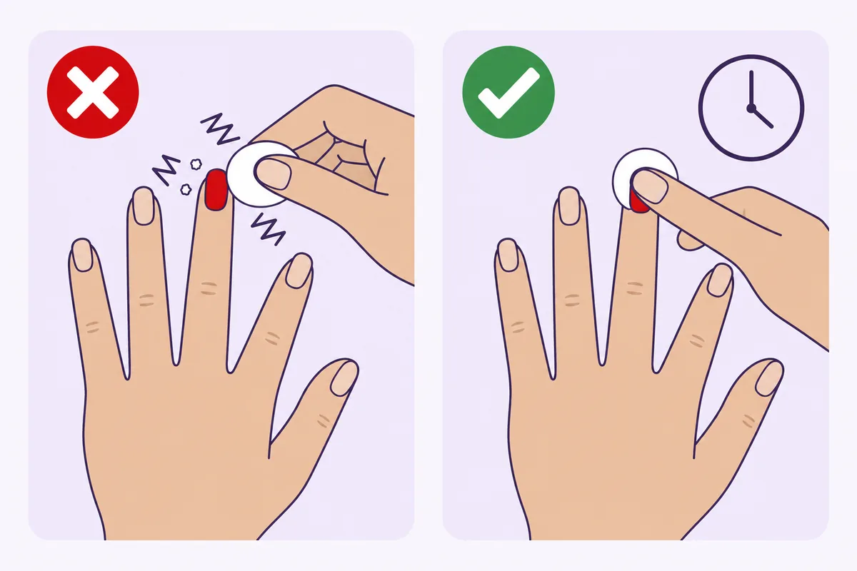 Illustration comparing two ways to use nail polish remover: rubbing a cotton pad back and forth versus pressing and holding it on the nail, Nanny Nails Nakhon Phanom