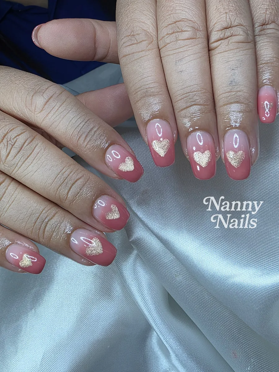 เล็บสั้นสีชมพู หัวใจกลิตเตอร์ทอง ร้านทำเล็บนครพนม Nanny Nails